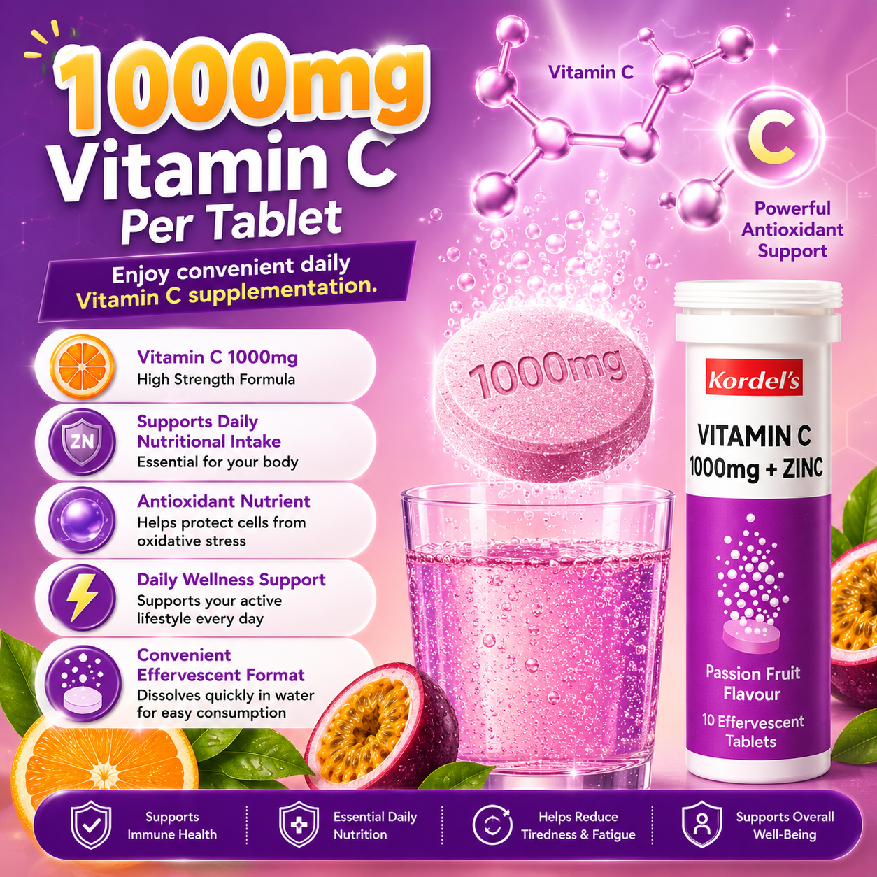 Kordel’s Vitamin C 1000mg + Zinc Effervescent Passion Fruit 10s
