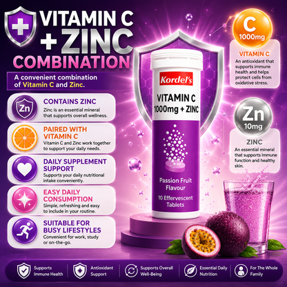 Kordel’s Vitamin C 1000mg + Zinc Effervescent Passion Fruit 10s
