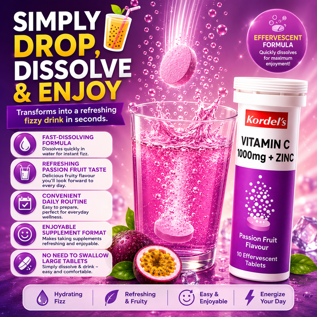 Kordel’s Vitamin C 1000mg + Zinc Effervescent Passion Fruit 10s