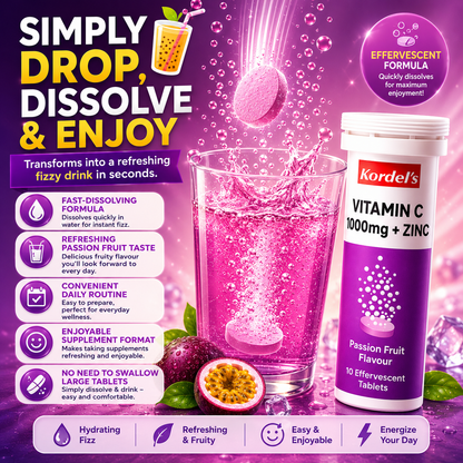 Kordel’s Vitamin C 1000mg + Zinc Effervescent Passion Fruit 10s
