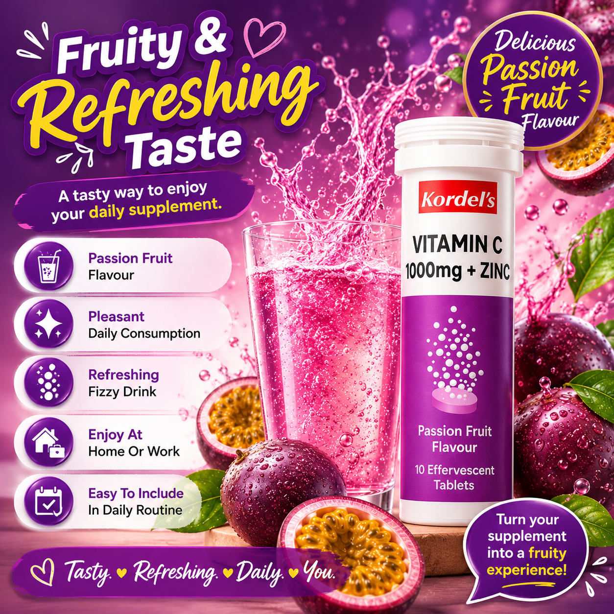 Kordel’s Vitamin C 1000mg + Zinc Effervescent Passion Fruit 10s