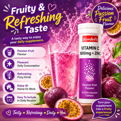 Kordel’s Vitamin C 1000mg + Zinc Effervescent Passion Fruit 10s