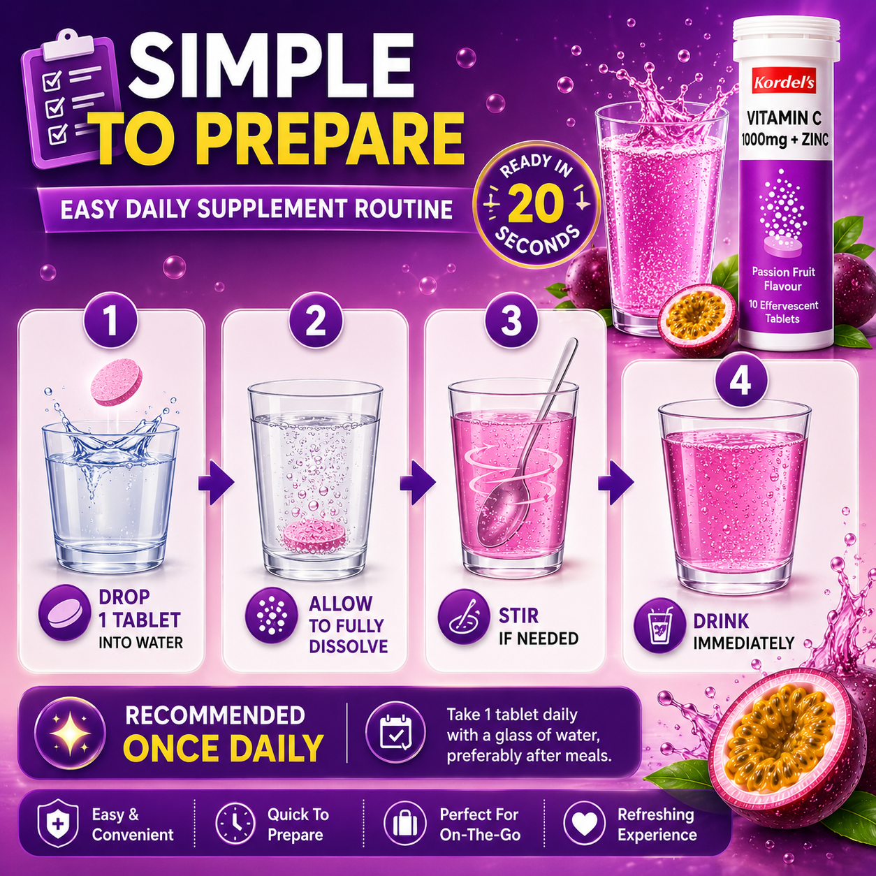 Kordel’s Vitamin C 1000mg + Zinc Effervescent Passion Fruit 10s