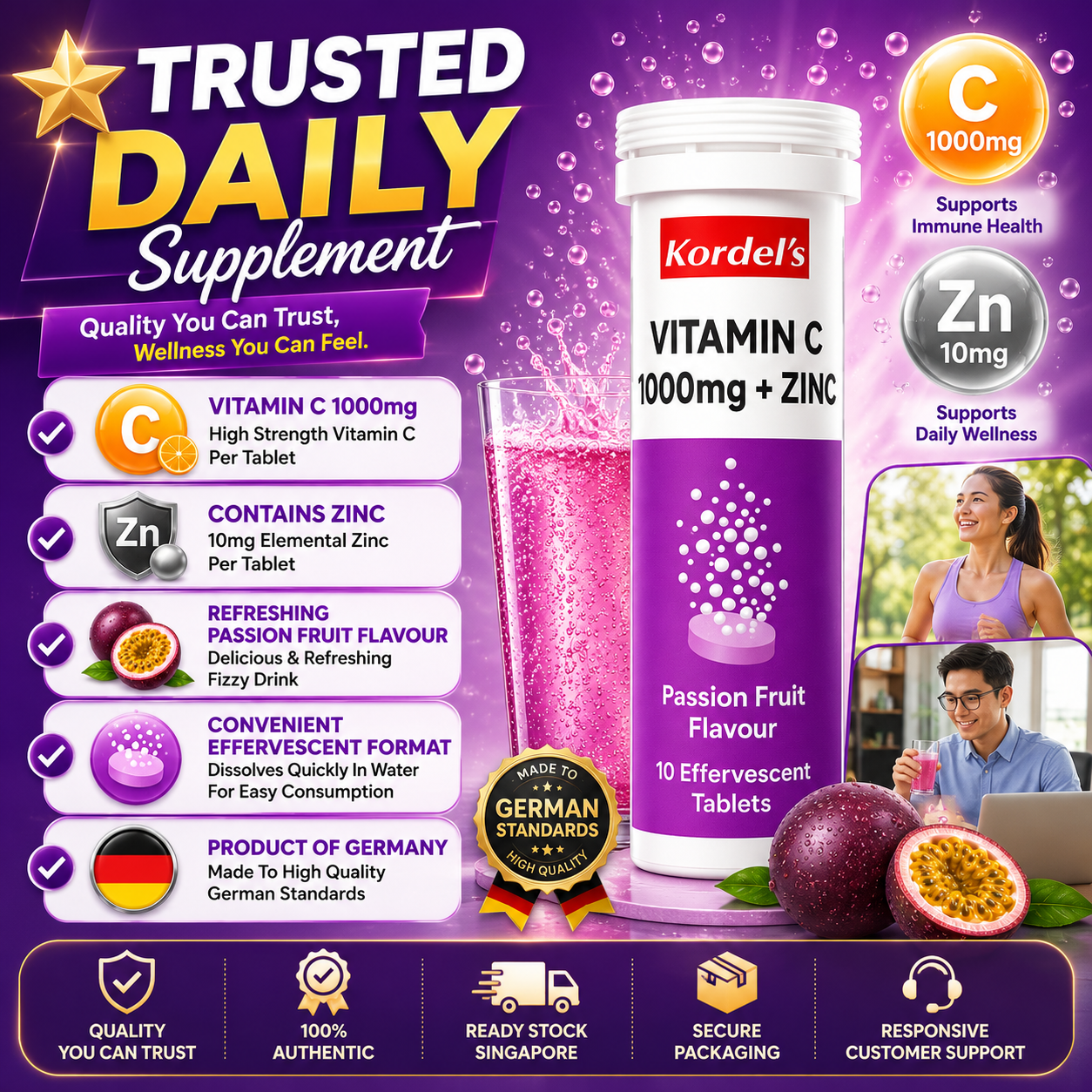 Kordel’s Vitamin C 1000mg + Zinc Effervescent Passion Fruit 10s