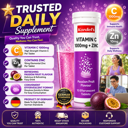 Kordel’s Vitamin C 1000mg + Zinc Effervescent Passion Fruit 10s