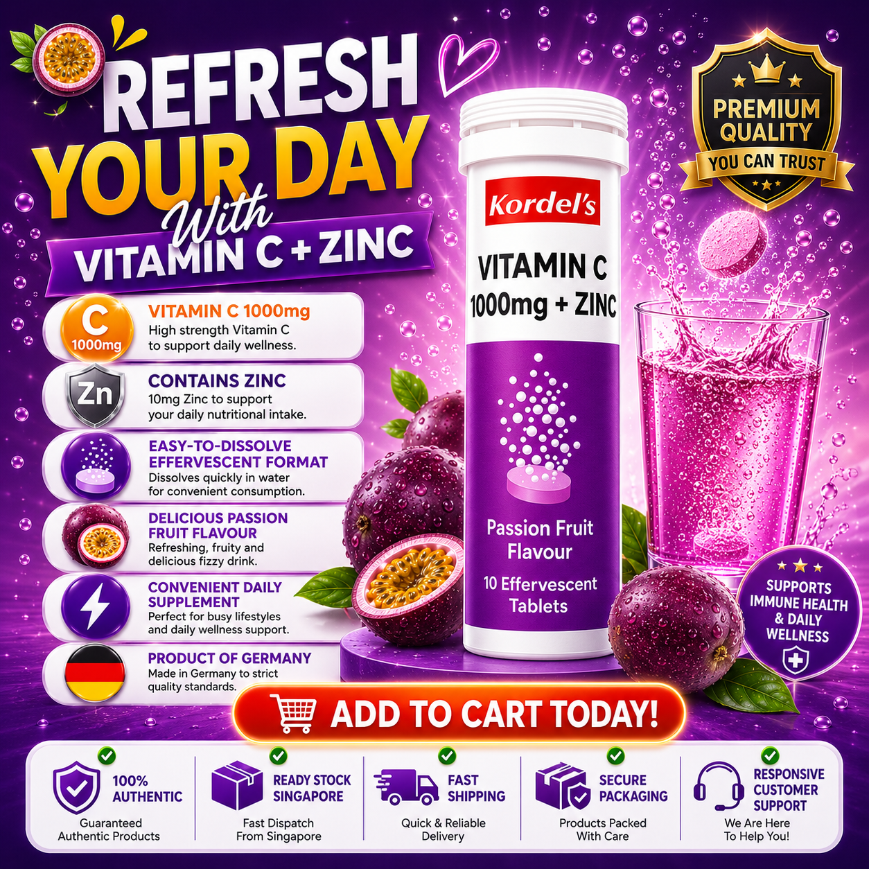 Kordel’s Vitamin C 1000mg + Zinc Effervescent Passion Fruit 10s
