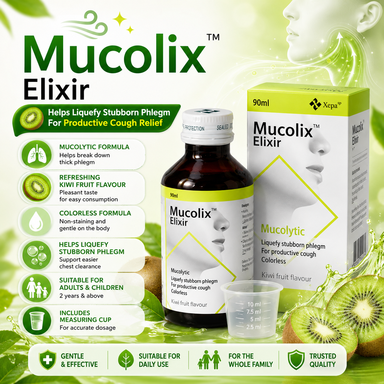 Mucolix Elixir Kiwi Fruit Flavour 90ml | Soothing Respiratory Relief