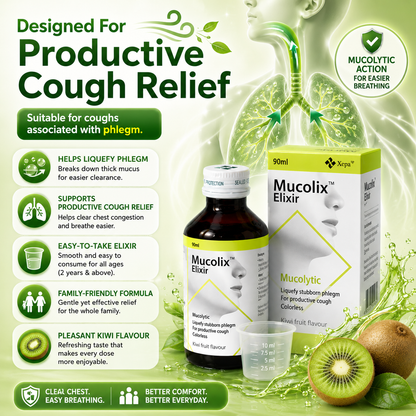 Mucolix Elixir Kiwi Fruit Flavour 90ml | Soothing Respiratory Relief