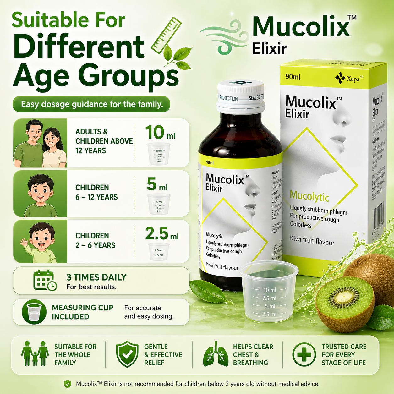 Mucolix Elixir Kiwi Fruit Flavour 90ml | Soothing Respiratory Relief