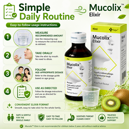 Mucolix Elixir Kiwi Fruit Flavour 90ml | Soothing Respiratory Relief
