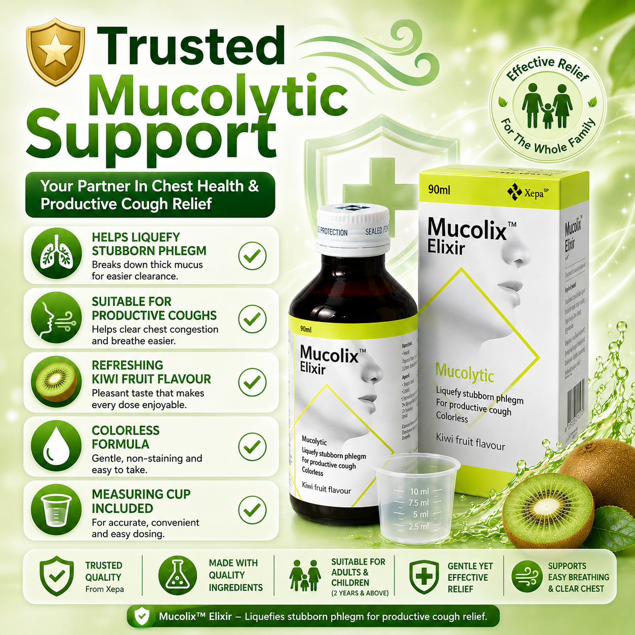 Mucolix Elixir Kiwi Fruit Flavour 90ml | Soothing Respiratory Relief