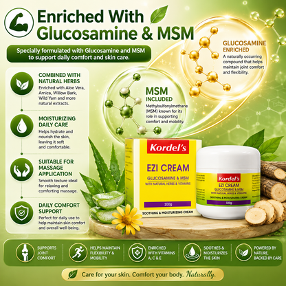 Kordel’s Ezi Cream | Glucosamine + MSM | Soothing Joint & Muscle Cream 100g