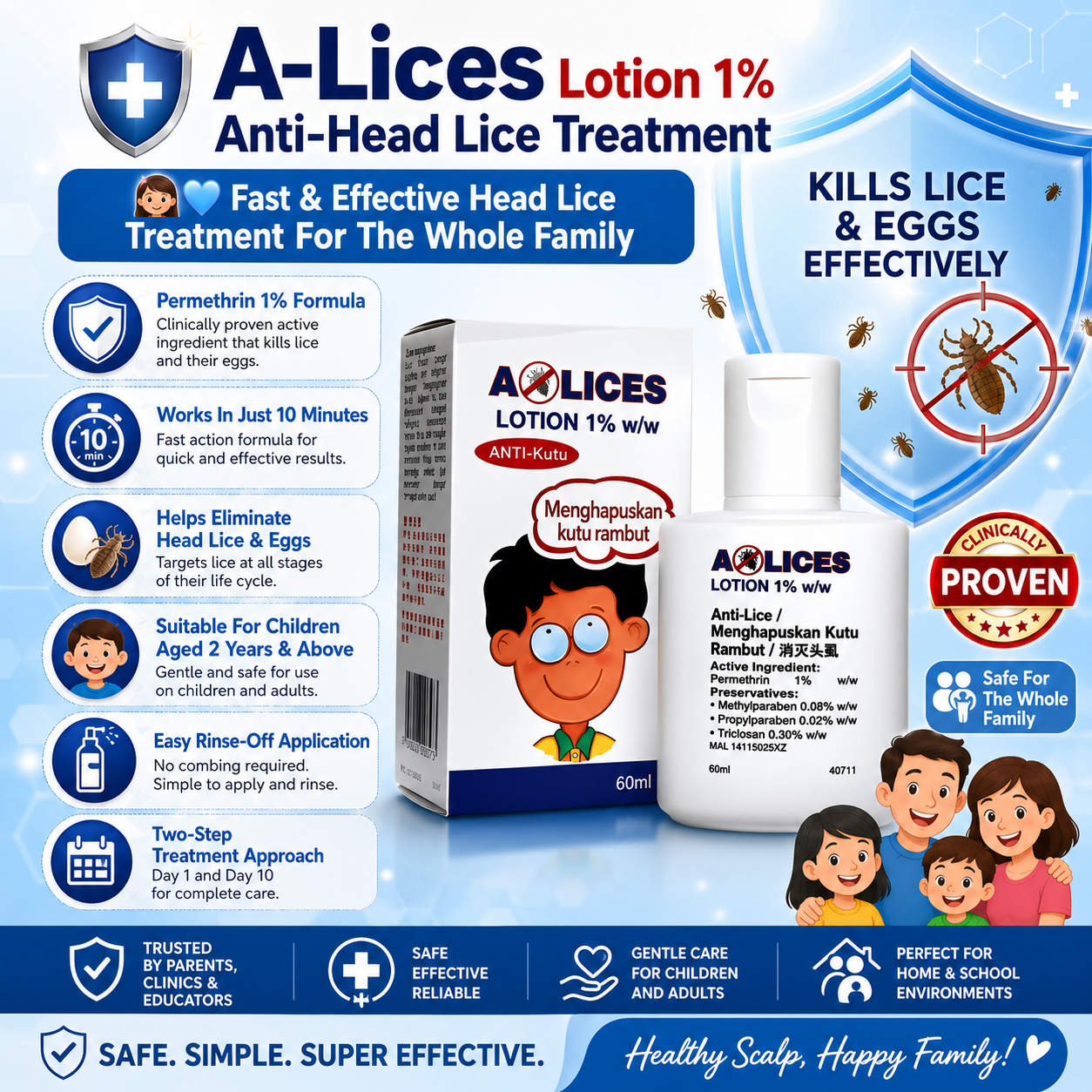 A-Lices Anti-Lice Lotion 1% | Fast Head Lice & Egg Removal | Safe for 2+