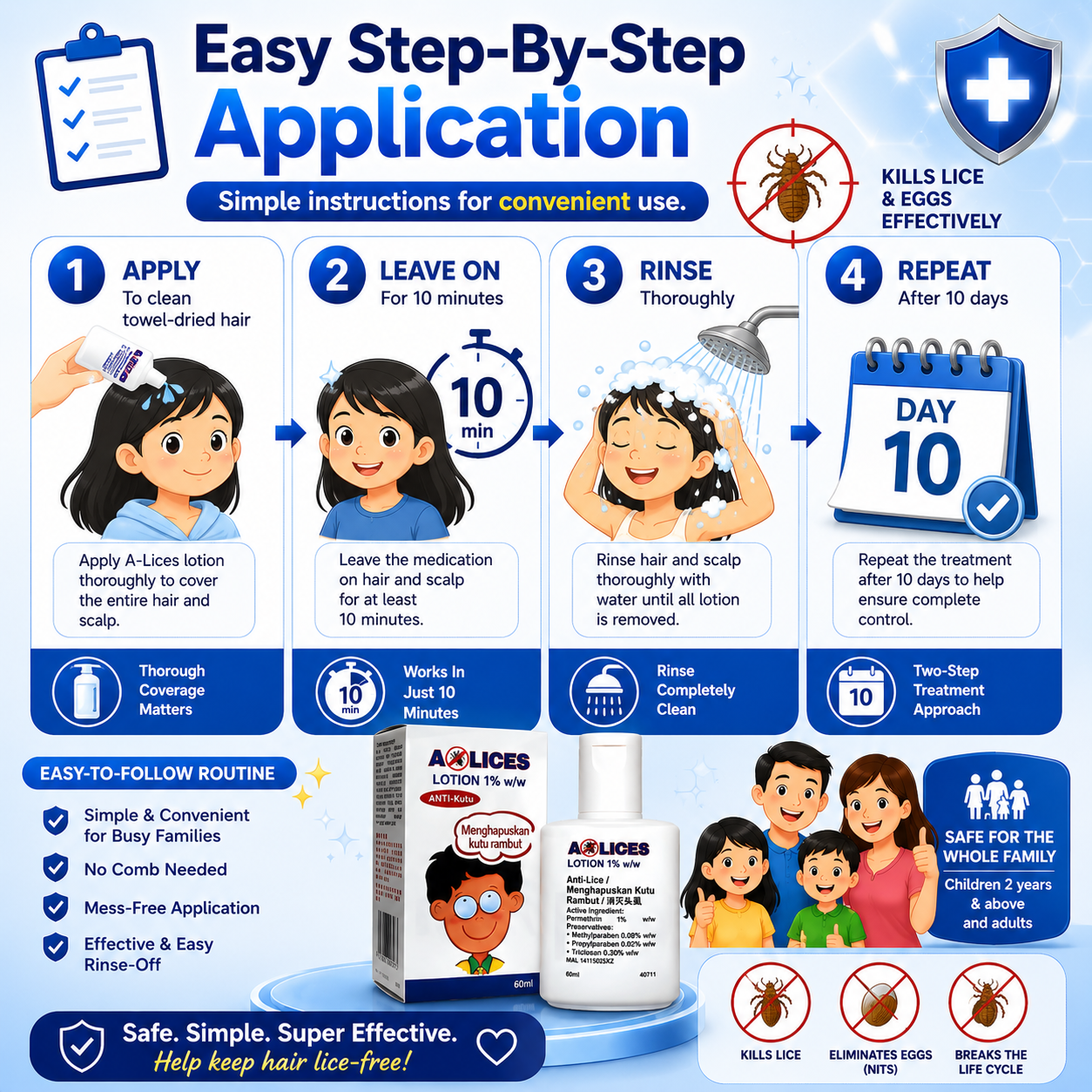 A-Lices Anti-Lice Lotion 1% | Fast Head Lice & Egg Removal | Safe for 2+