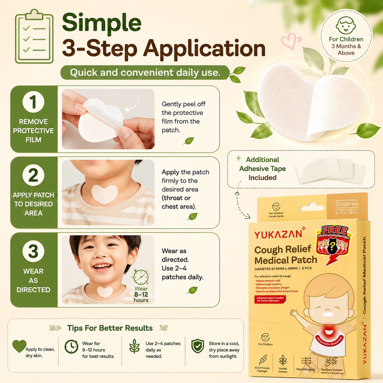 Yukazan Cough Relief Patch For Kids | Bamboo Herbal Extract Reduce Phlegm Fast