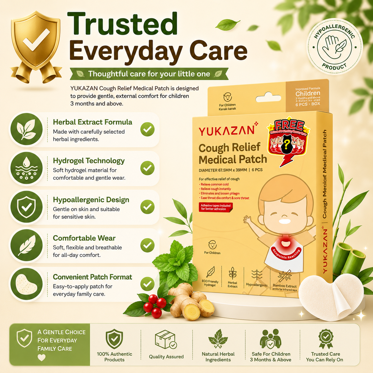 Yukazan Cough Relief Patch For Kids | Bamboo Herbal Extract Reduce Phlegm Fast