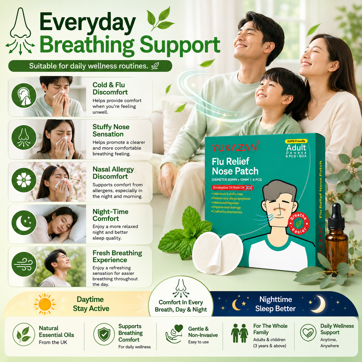 Yukazan Adults Flu Patch 6’S | Sinus, Stuffy Nose Relief | G6PD Friendly