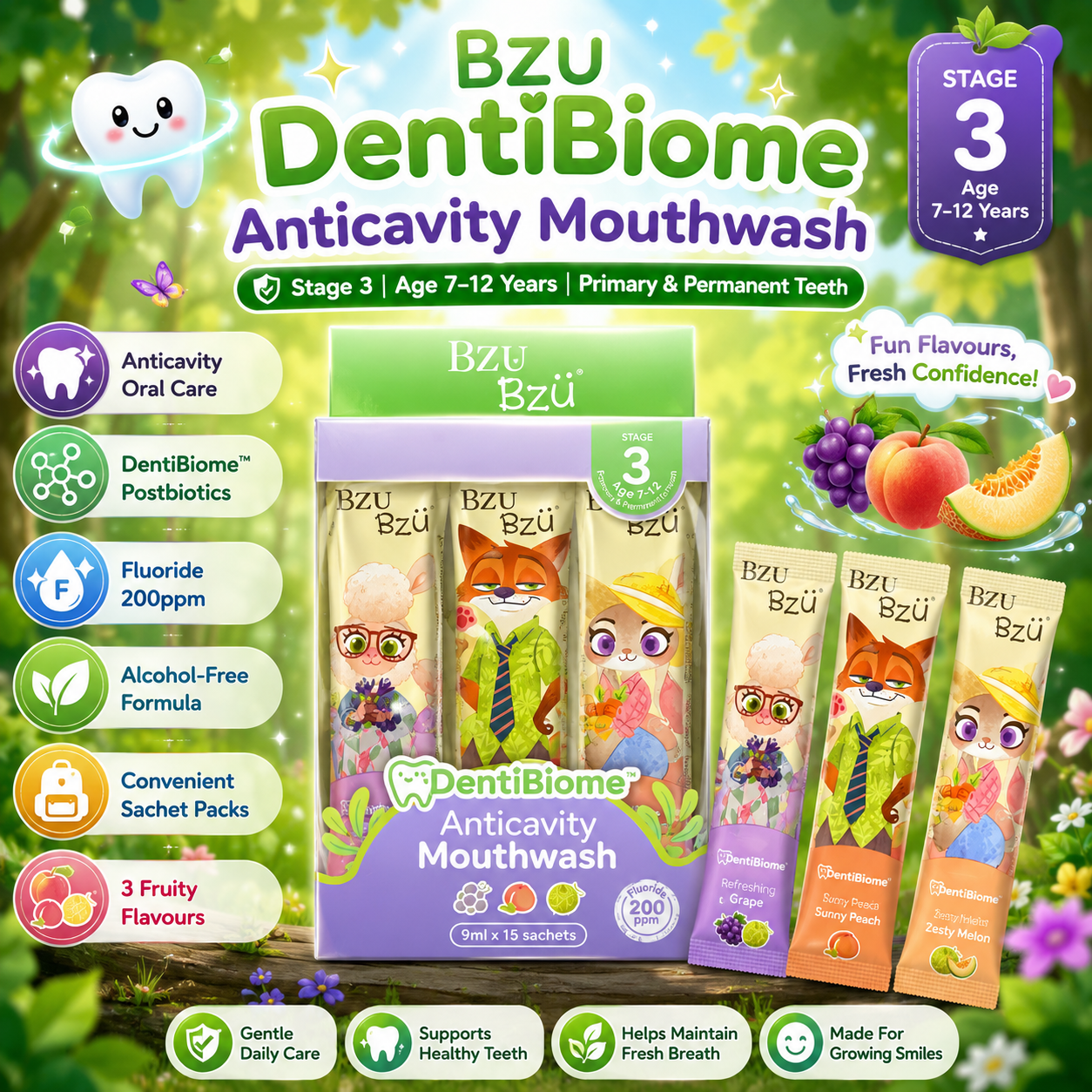 Disney Zootopia BZU BzÜ DentiBiome Kids Anticavity Mouthwash Stage 3 (Age 7–12 Years) | Fluoride 200ppm | Alcohol-Free | 15 Sachets