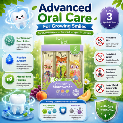 Disney Zootopia BZU BzÜ DentiBiome Kids Anticavity Mouthwash Stage 3 (Age 7–12 Years) | Fluoride 200ppm | Alcohol-Free | 15 Sachets