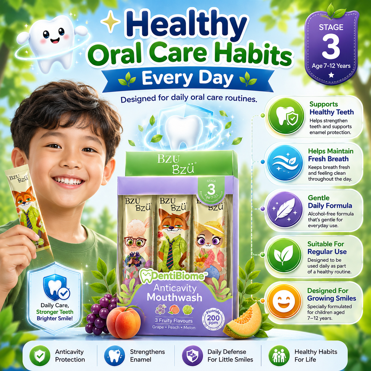 Disney Zootopia BZU BzÜ DentiBiome Kids Anticavity Mouthwash Stage 3 (Age 7–12 Years) | Fluoride 200ppm | Alcohol-Free | 15 Sachets