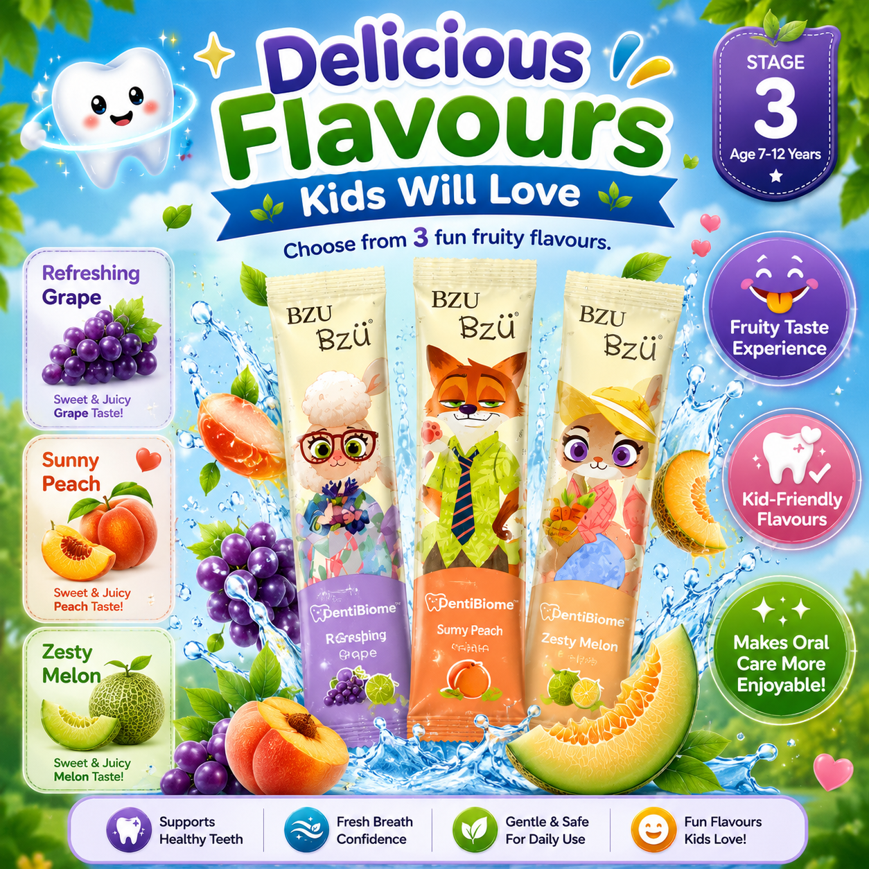 Disney Zootopia BZU BzÜ DentiBiome Kids Anticavity Mouthwash Stage 3 (Age 7–12 Years) | Fluoride 200ppm | Alcohol-Free | 15 Sachets