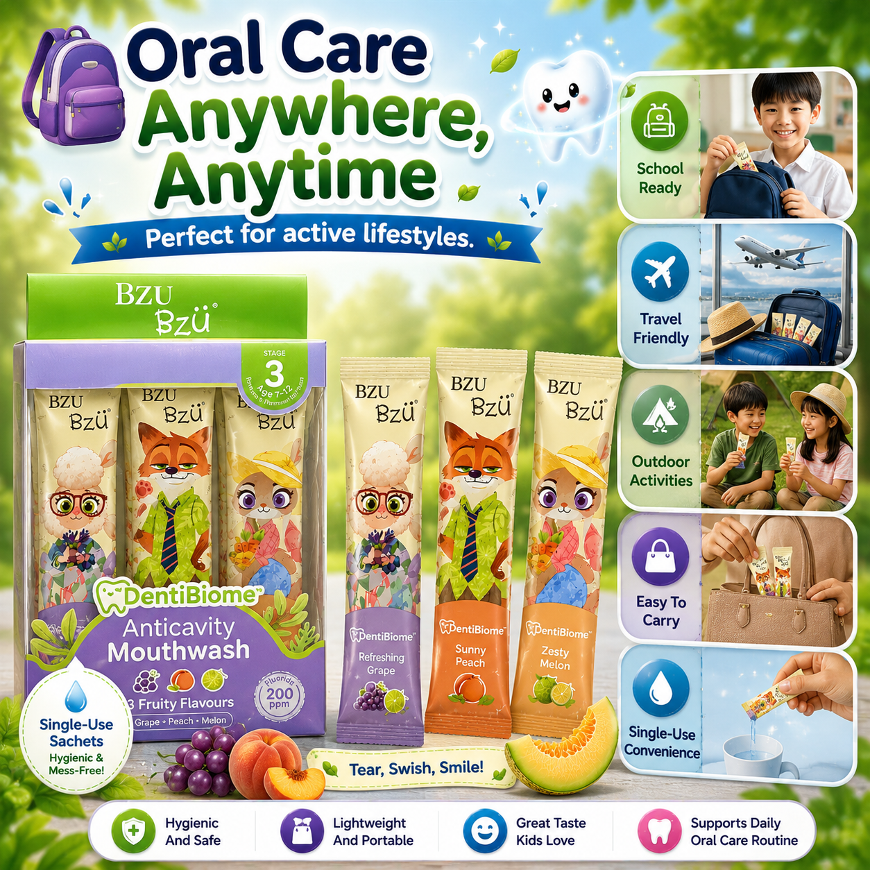 Disney Zootopia BZU BzÜ DentiBiome Kids Anticavity Mouthwash Stage 3 (Age 7–12 Years) | Fluoride 200ppm | Alcohol-Free | 15 Sachets