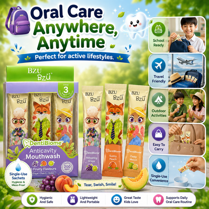 Disney Zootopia BZU BzÜ DentiBiome Kids Anticavity Mouthwash Stage 3 (Age 7–12 Years) | Fluoride 200ppm | Alcohol-Free | 15 Sachets