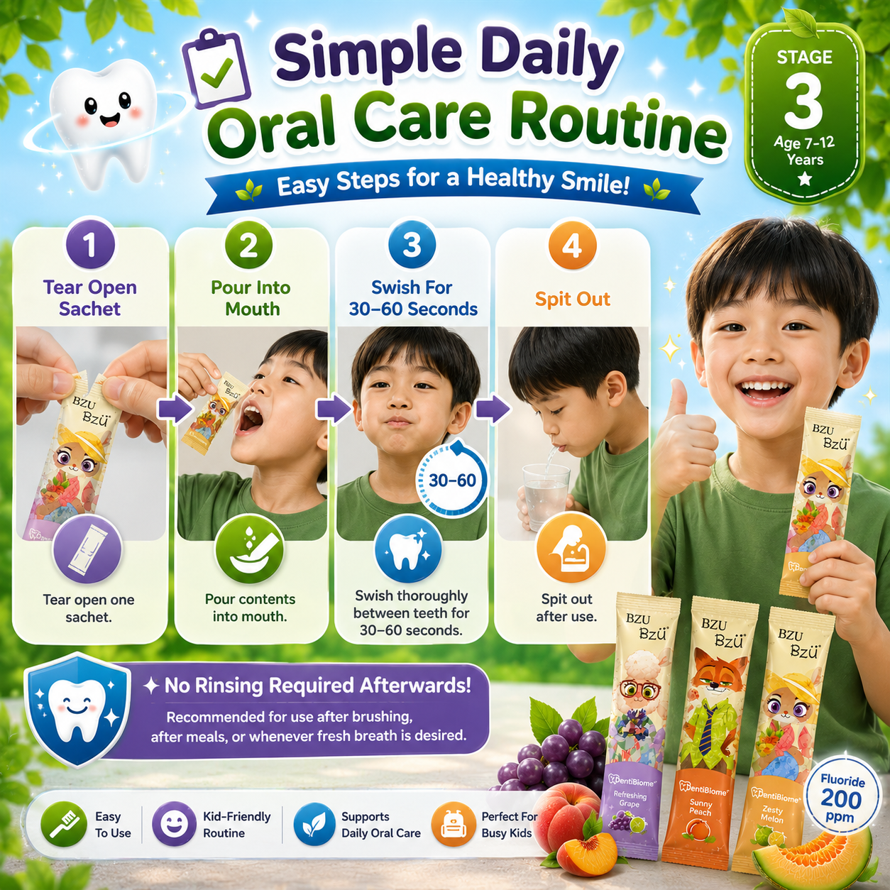 Disney Zootopia BZU BzÜ DentiBiome Kids Anticavity Mouthwash Stage 3 (Age 7–12 Years) | Fluoride 200ppm | Alcohol-Free | 15 Sachets