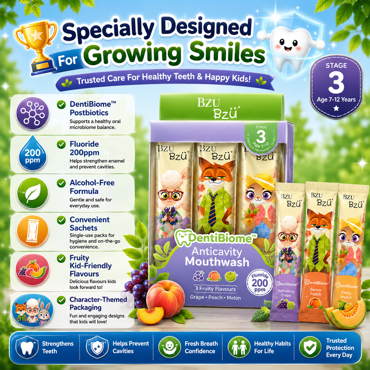 Disney Zootopia BZU BzÜ DentiBiome Kids Anticavity Mouthwash Stage 3 (Age 7–12 Years) | Fluoride 200ppm | Alcohol-Free | 15 Sachets