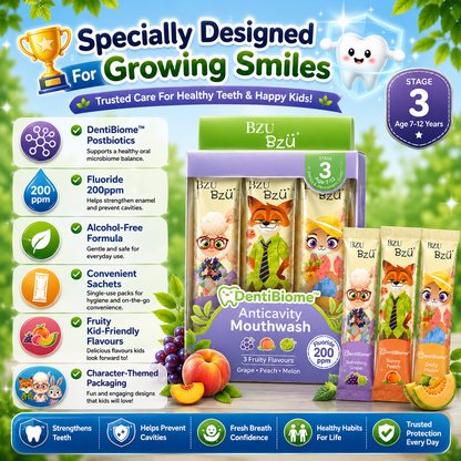 Disney Zootopia BZU BzÜ DentiBiome Kids Anticavity Mouthwash Stage 3 (Age 7–12 Years) | Fluoride 200ppm | Alcohol-Free | 15 Sachets
