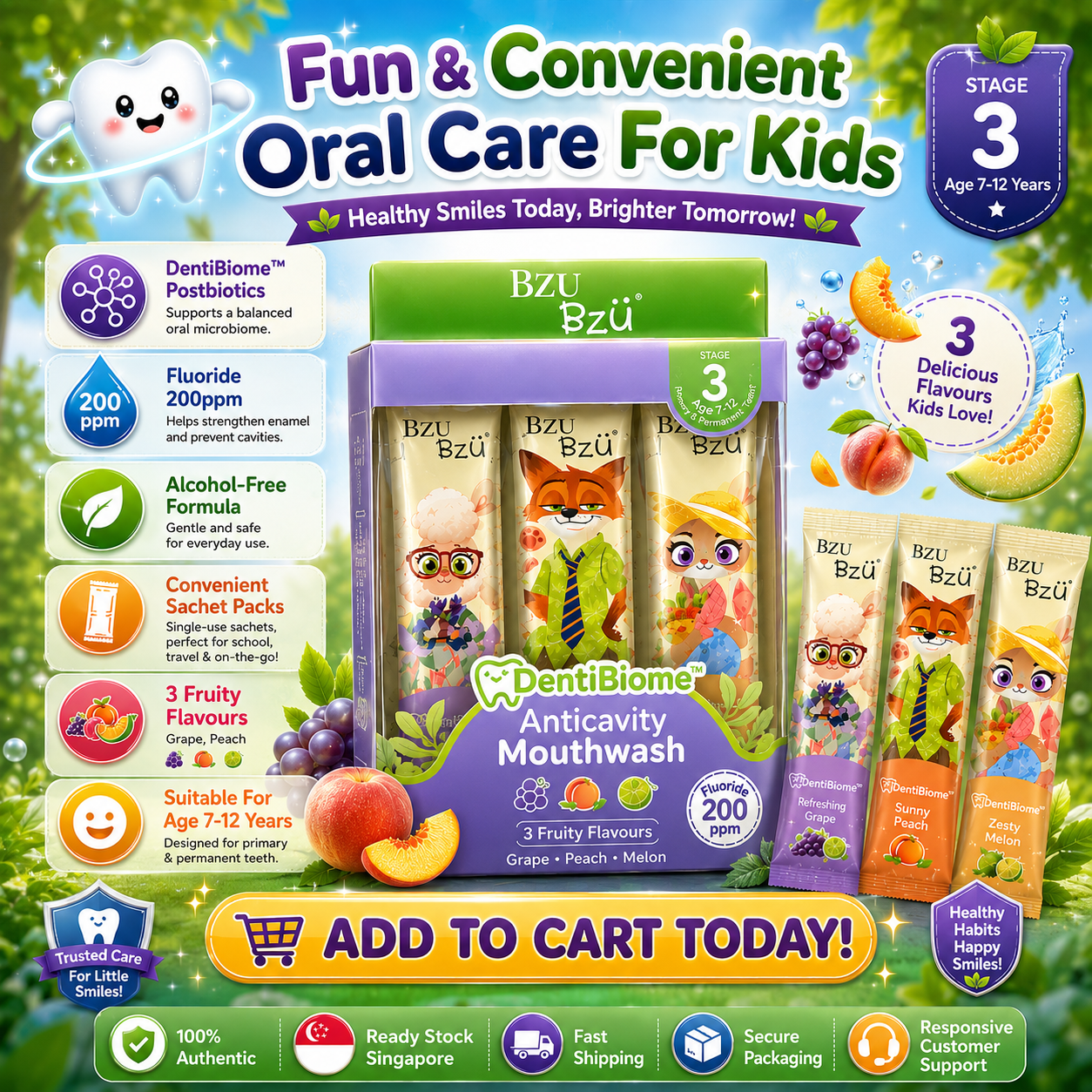 Disney Zootopia BZU BzÜ DentiBiome Kids Anticavity Mouthwash Stage 3 (Age 7–12 Years) | Fluoride 200ppm | Alcohol-Free | 15 Sachets