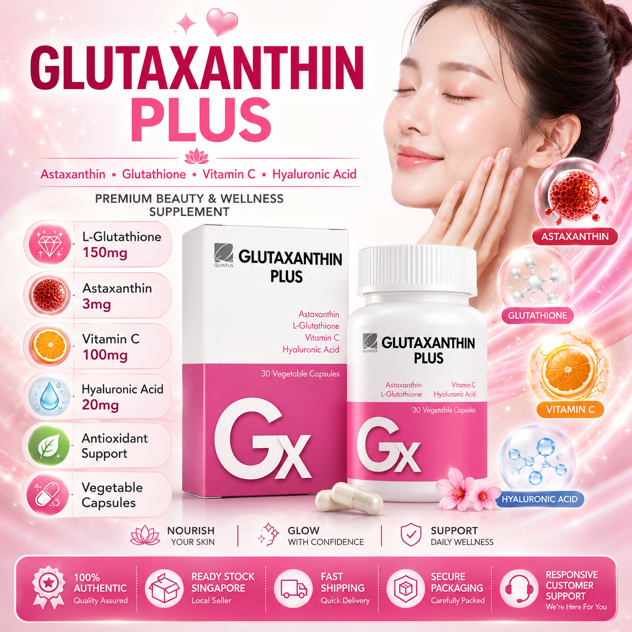Glutaxanthin Plus (30s) with Astaxanthin, L-Glutathione, Vitamin C, and Hyaluronic Acid