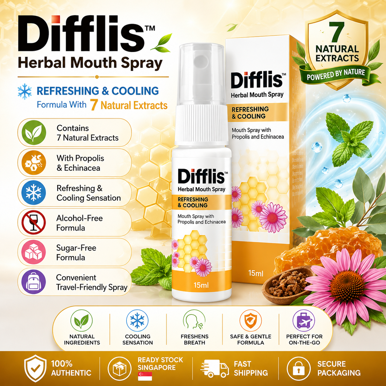 Difflis™ Herbal Mouth Spray 15ml | Refreshing & Cooling | Alcohol-Free | Sugar-Free | With 7 Natural Extracts