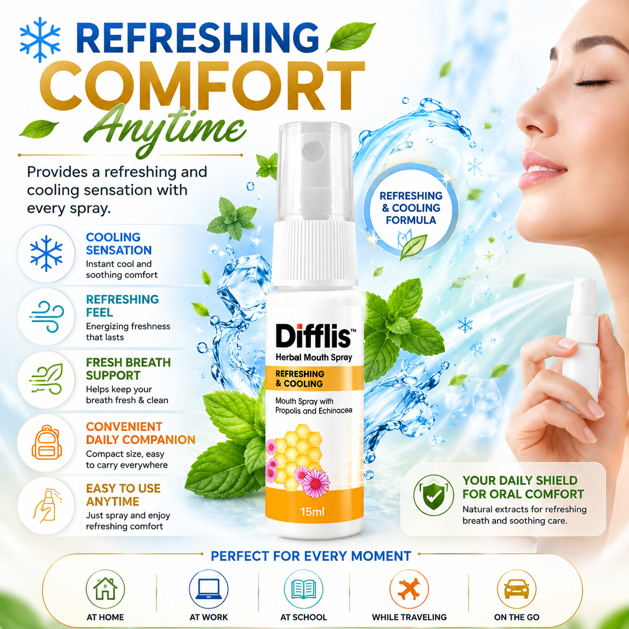 Difflis™ Herbal Mouth Spray 15ml | Refreshing & Cooling | Alcohol-Free | Sugar-Free | With 7 Natural Extracts