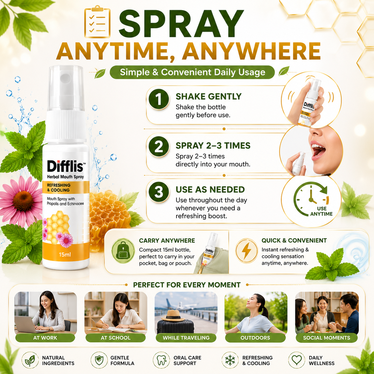 Difflis™ Herbal Mouth Spray 15ml | Refreshing & Cooling | Alcohol-Free | Sugar-Free | With 7 Natural Extracts