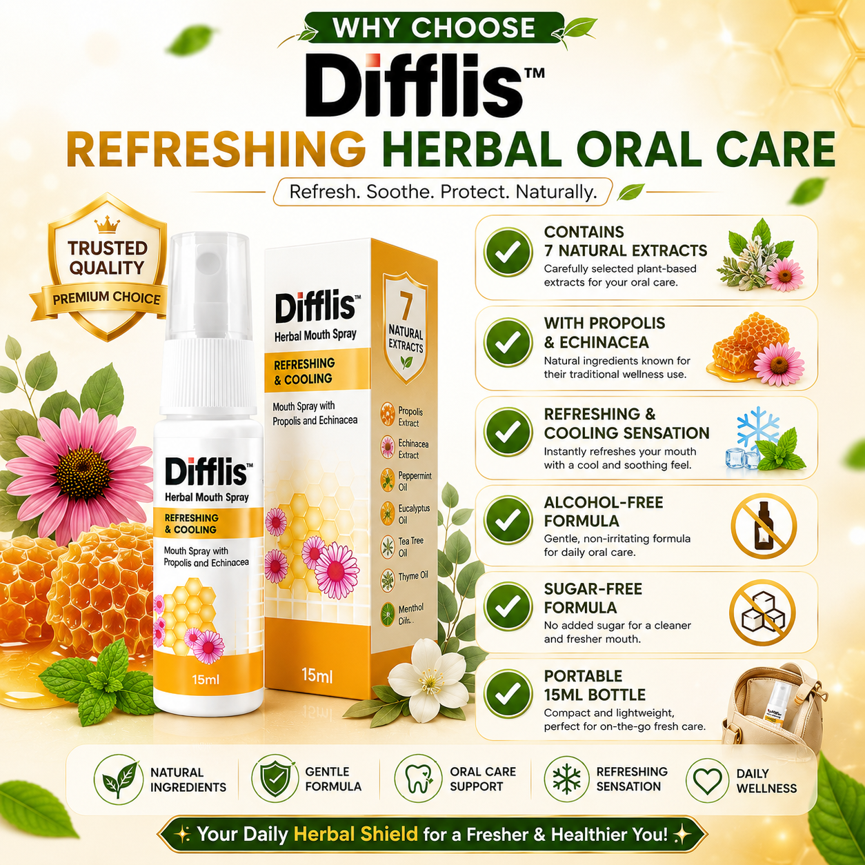 Difflis™ Herbal Mouth Spray 15ml | Refreshing & Cooling | Alcohol-Free | Sugar-Free | With 7 Natural Extracts