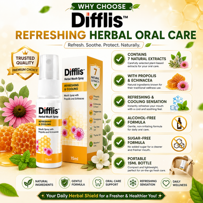 Difflis™ Herbal Mouth Spray 15ml | Refreshing & Cooling | Alcohol-Free | Sugar-Free | With 7 Natural Extracts
