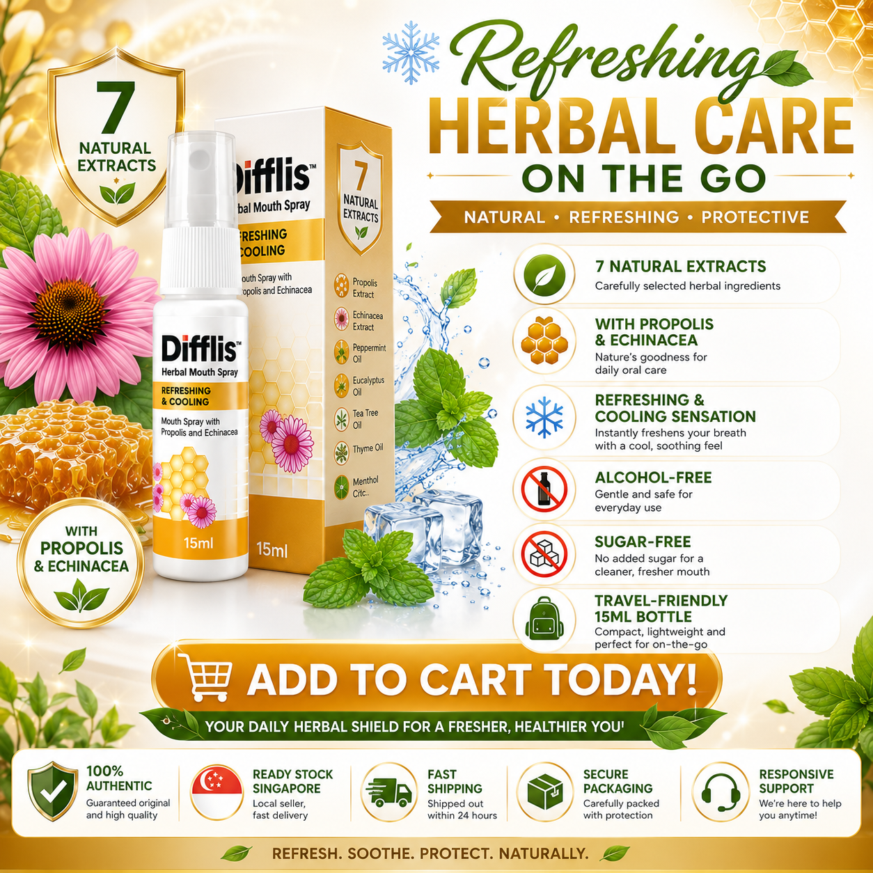 Difflis™ Herbal Mouth Spray 15ml | Refreshing & Cooling | Alcohol-Free | Sugar-Free | With 7 Natural Extracts