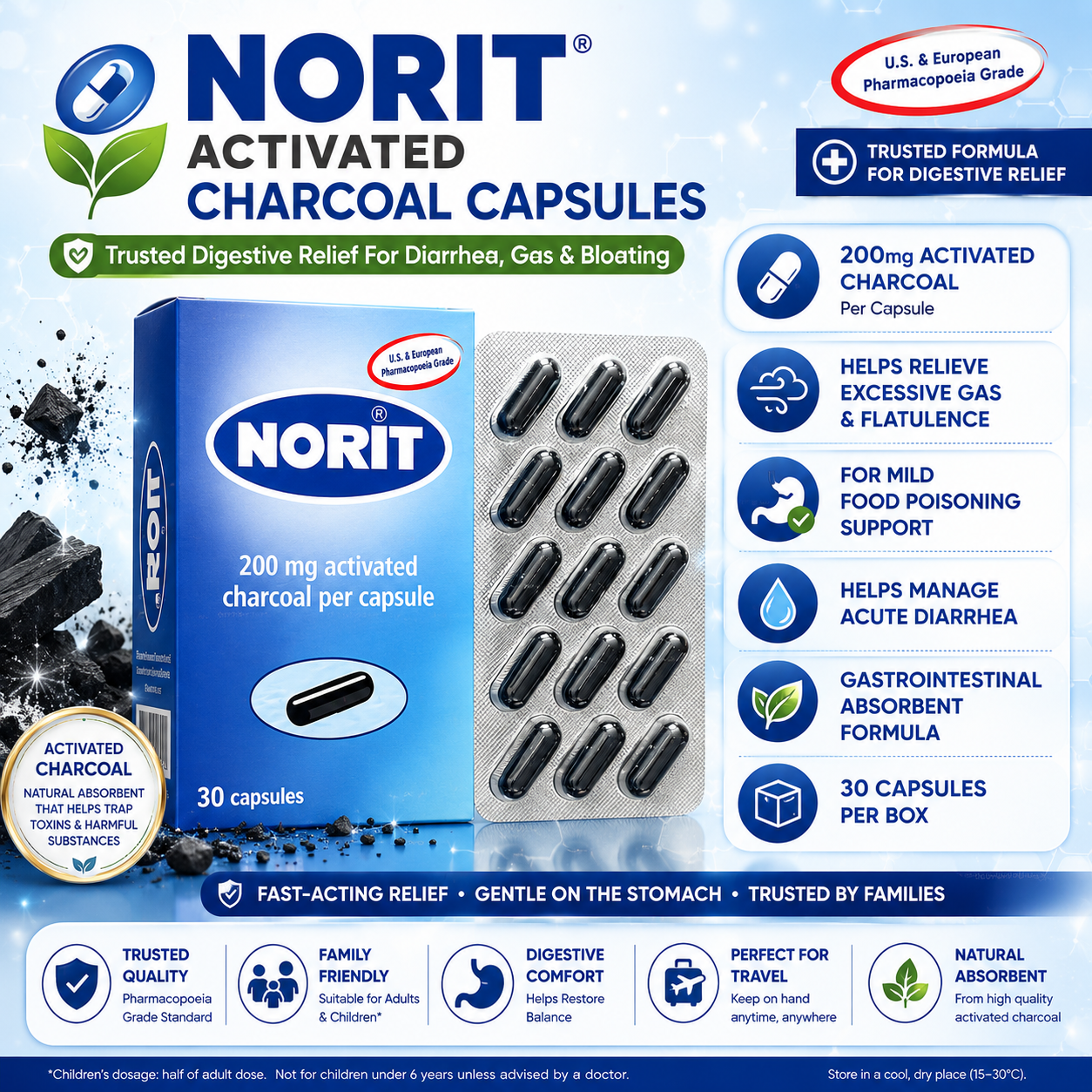 NORIT Activated Charcoal Capsules 200mg (30 Capsules)