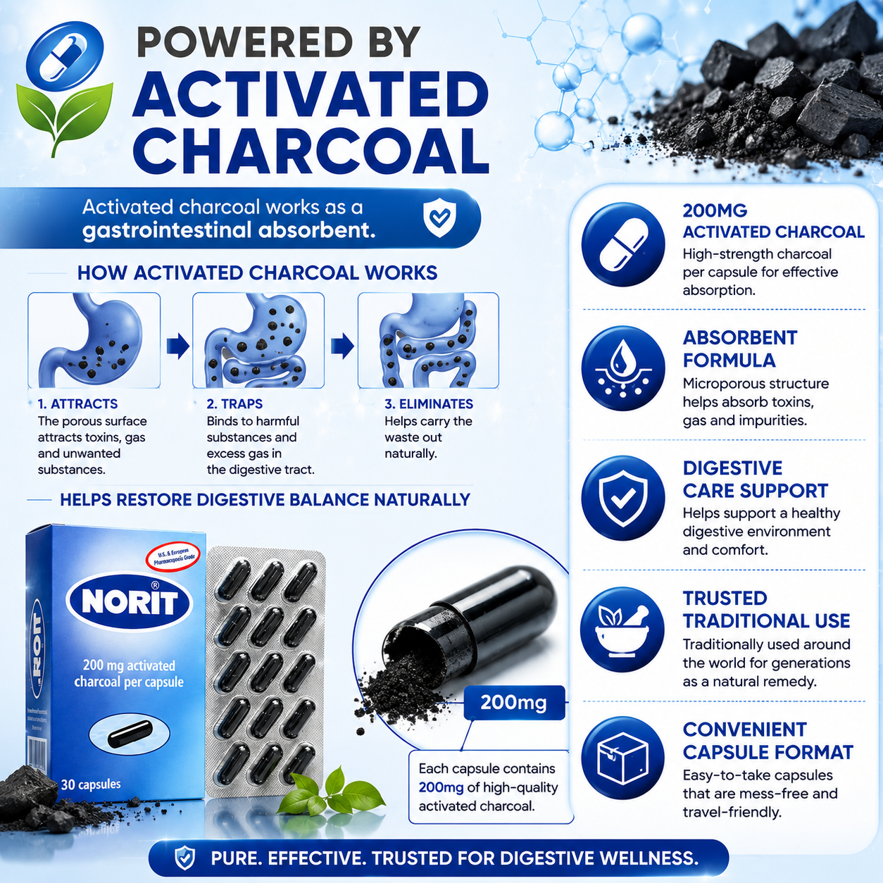 NORIT Activated Charcoal Capsules 200mg (30 Capsules)