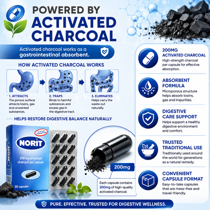 NORIT Activated Charcoal Capsules 200mg (30 Capsules)