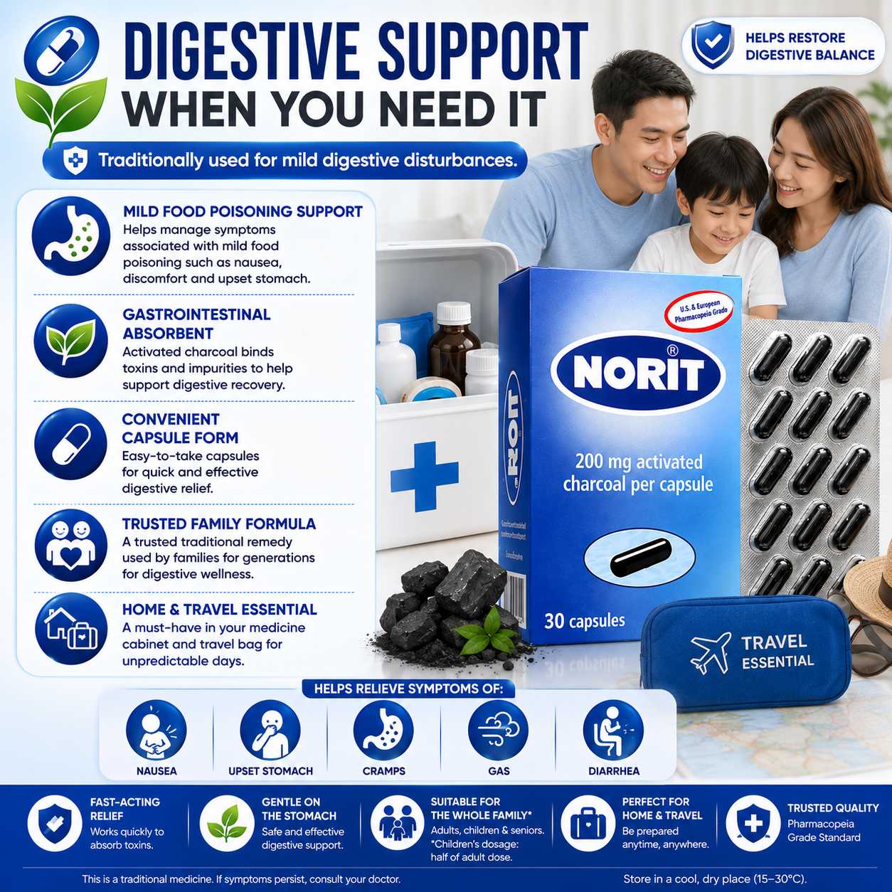 NORIT Activated Charcoal Capsules 200mg (30 Capsules)