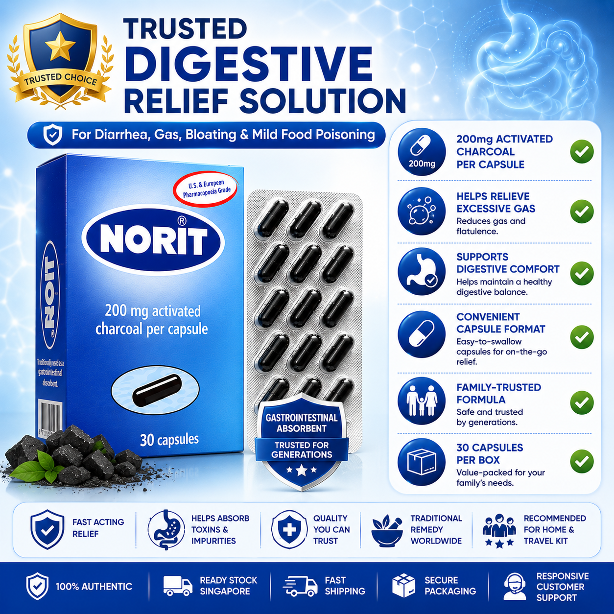 NORIT Activated Charcoal Capsules 200mg (30 Capsules)