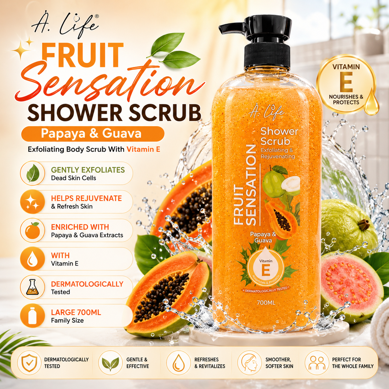 A-Life Fruit Sensation Shower Scrub Papaya & Guava 700ml Exfoliate & Rejuvenate
