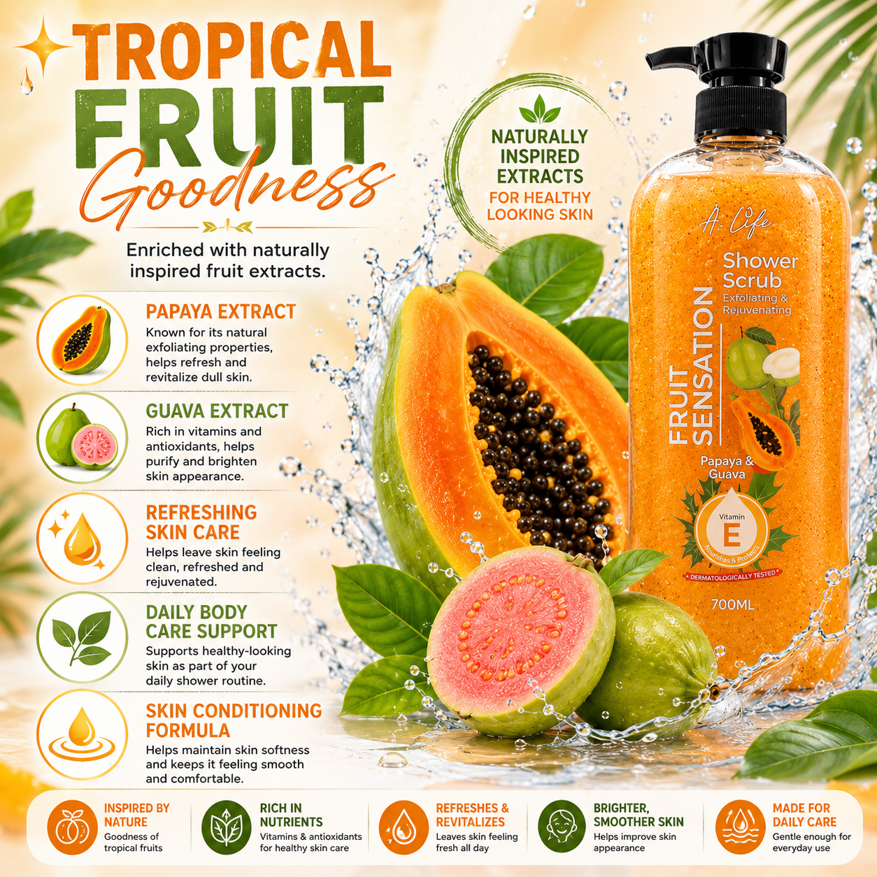 A-Life Fruit Sensation Shower Scrub Papaya & Guava 700ml Exfoliate & Rejuvenate