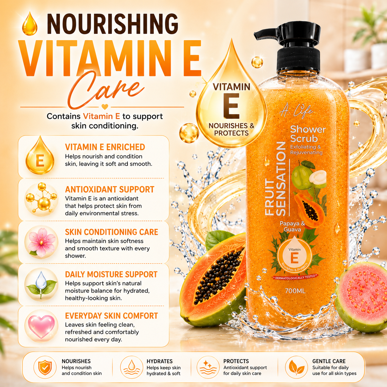 A-Life Fruit Sensation Shower Scrub Papaya & Guava 700ml Exfoliate & Rejuvenate