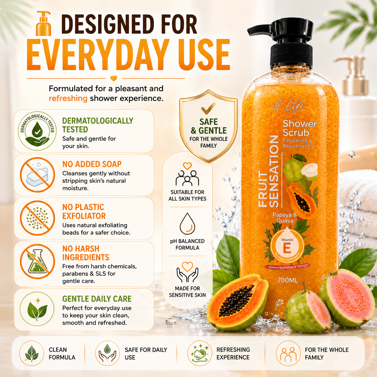 A-Life Fruit Sensation Shower Scrub Papaya & Guava 700ml Exfoliate & Rejuvenate