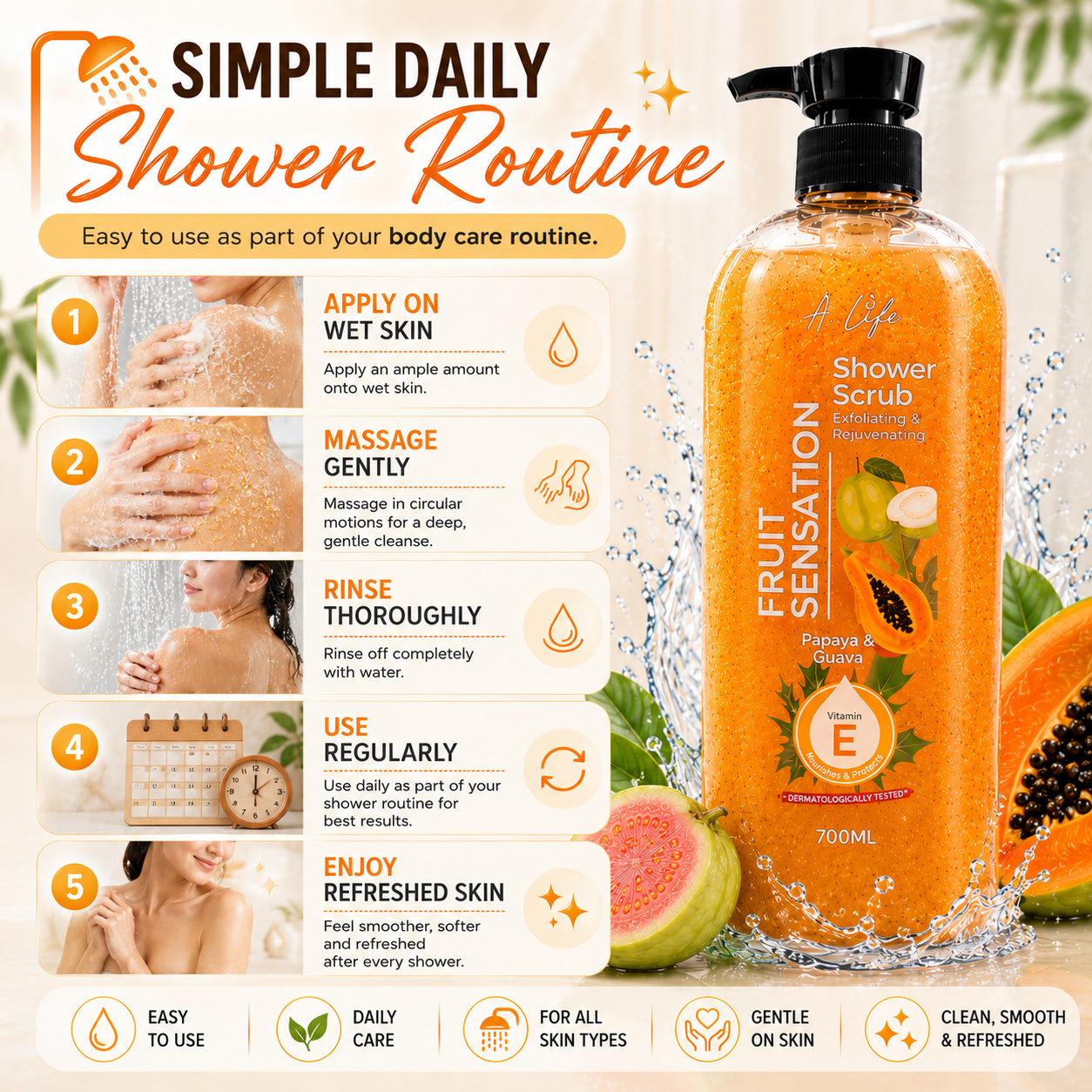 A-Life Fruit Sensation Shower Scrub Papaya & Guava 700ml Exfoliate & Rejuvenate