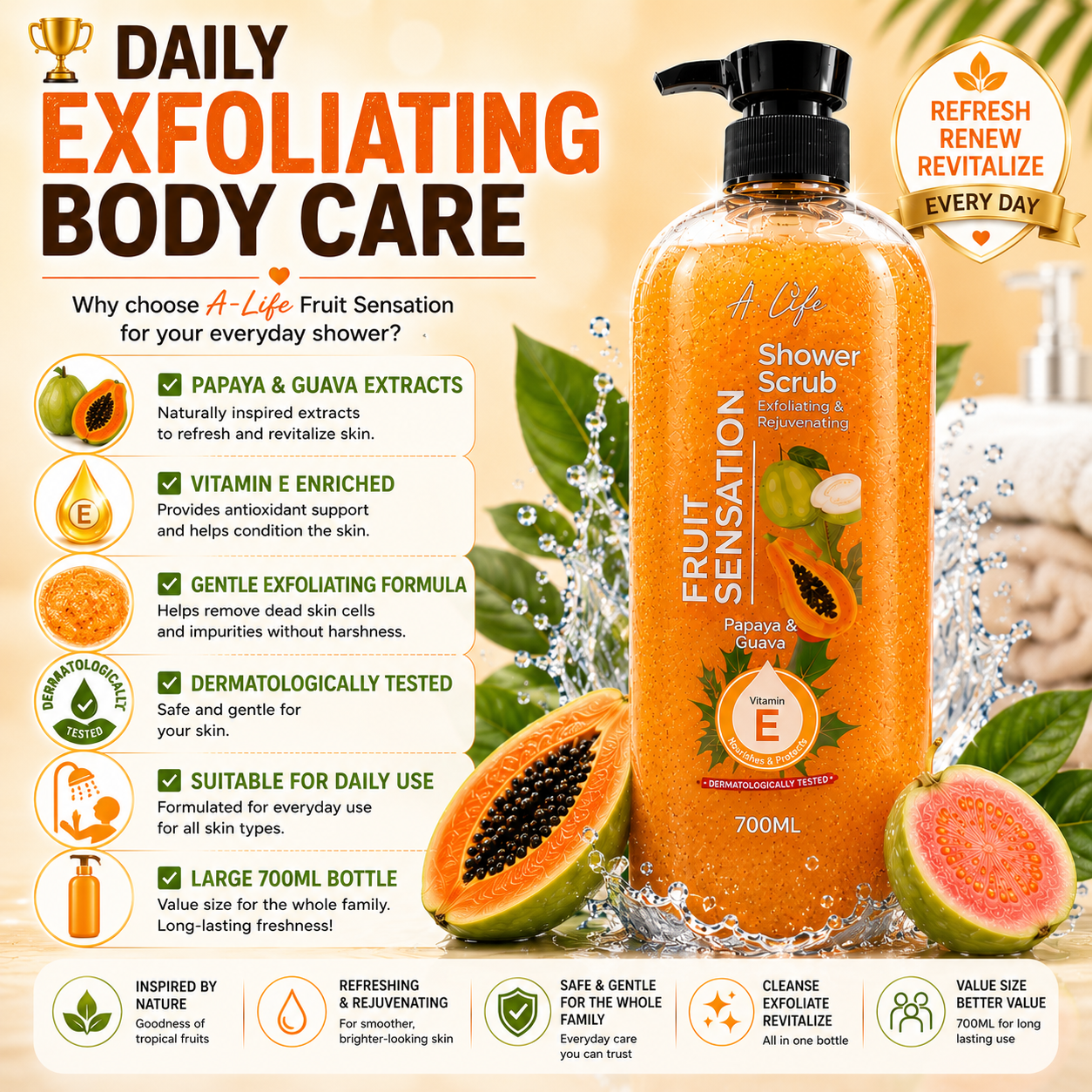 A-Life Fruit Sensation Shower Scrub Papaya & Guava 700ml Exfoliate & Rejuvenate