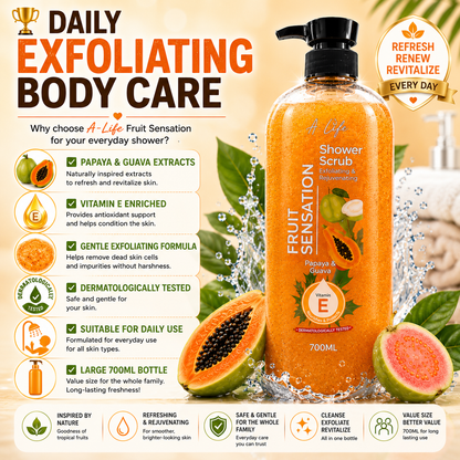 A-Life Fruit Sensation Shower Scrub Papaya & Guava 700ml Exfoliate & Rejuvenate